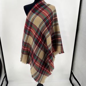 Tartan Plaid Red Tan and Green Plush Blanket Scarf Long Shawl